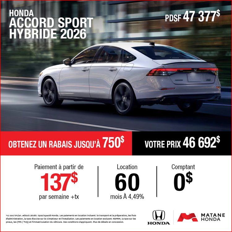Matane honda promo mai ACCORD SPORT HYBRID 2026 FR 1