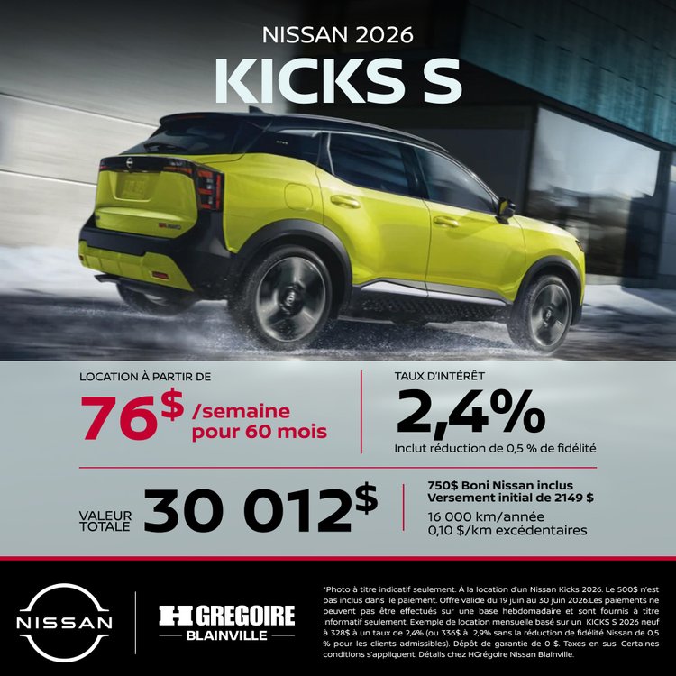Nissan blainville promo juillet KICKS S FR