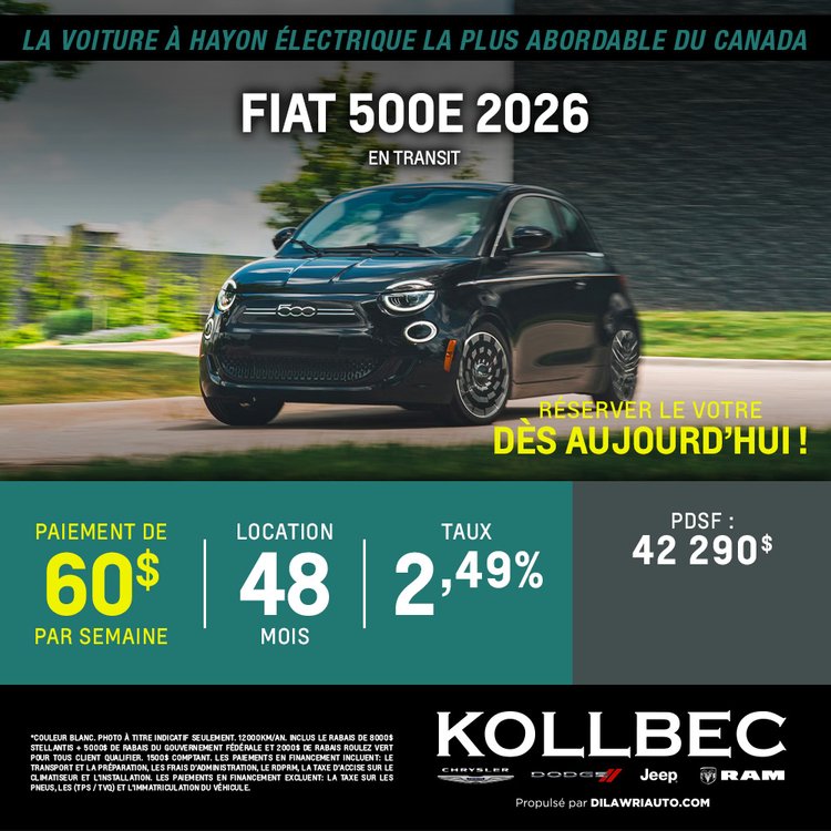 Kollbec promo mai FIAT 500E 2026 FR