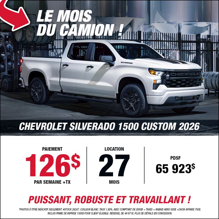 Gatineau GM promo SILVERADO 1500 CUSTOM 2026 mars FR