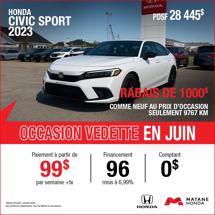 Matane honda promo juin OCCASION CIVIC SPORT 2023 FR