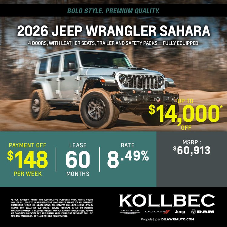 Kollbec promo juillet JEEP WRANGLER SAHARA 2026 EN