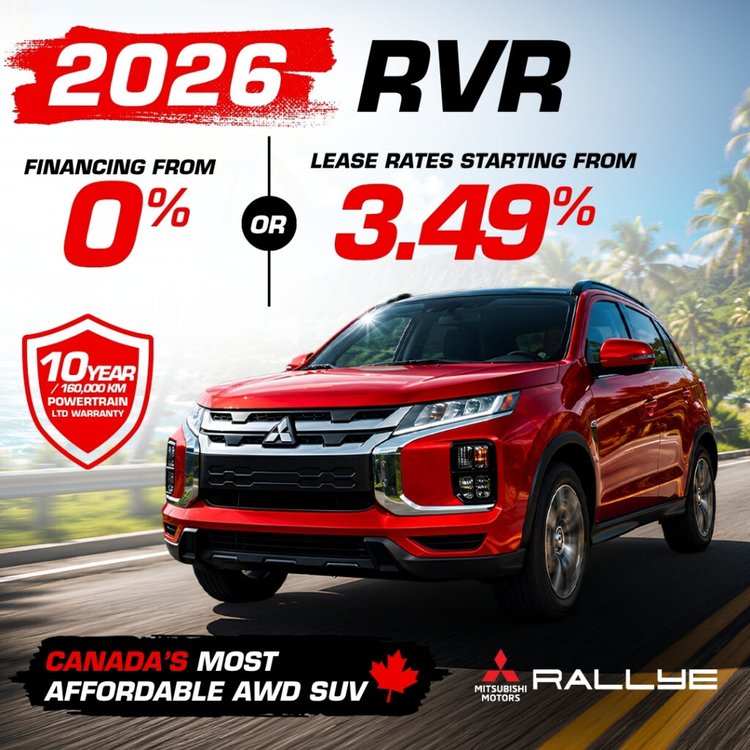 2026 RVR financing from 0% or lease rates starting at 3.49%, plus a 10-year/160,000 km powertrain limited warranty.