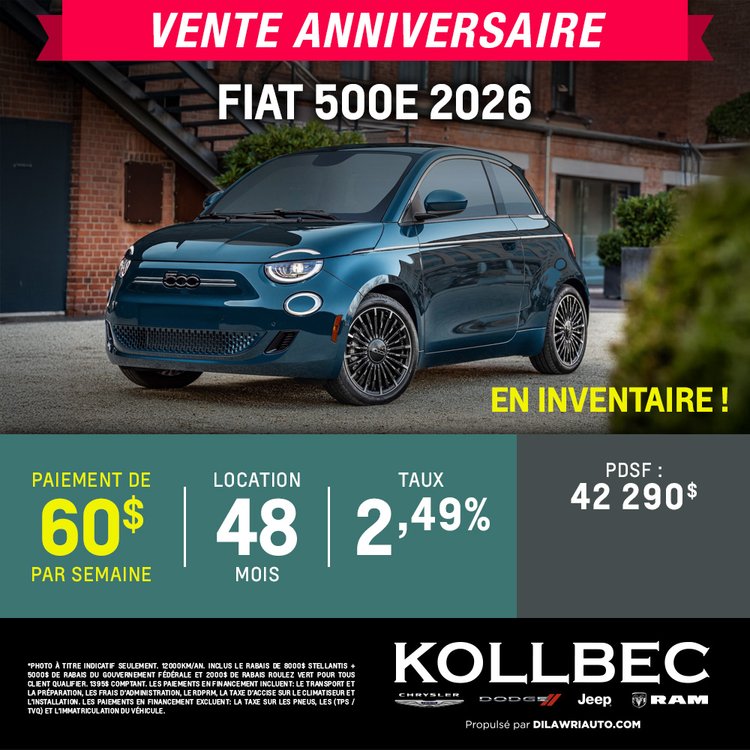 Kollbec promo juin FIAT 500E 2026 FR