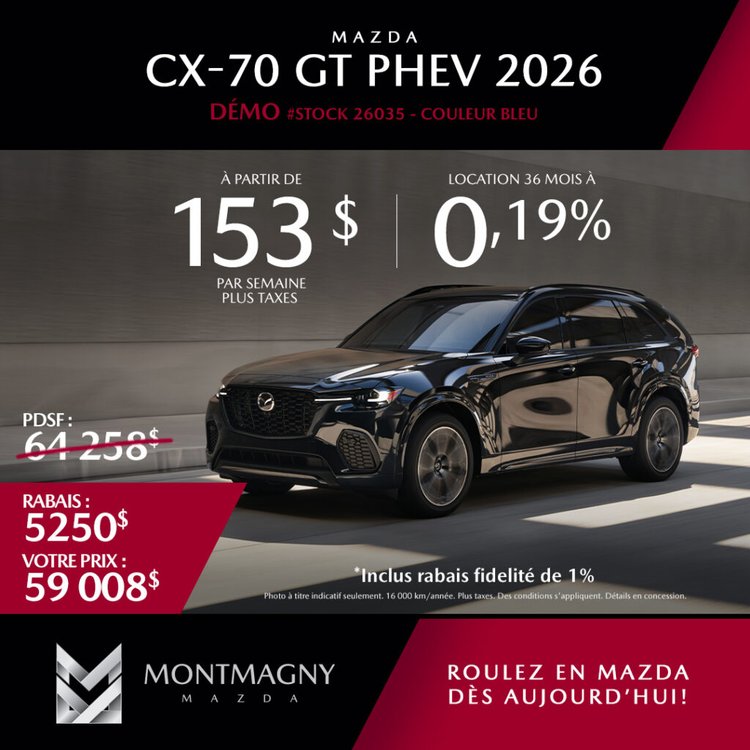 Montmagny mazda promo aout CX 70 GT PHEV 2026 FR 1024x1024