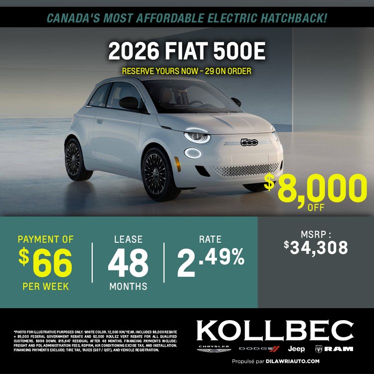 Kollbec promo aout FIAT 500E 2026 EN
