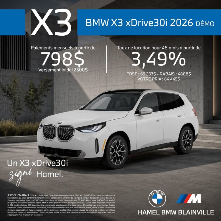 HAMEL BMW X3 xDrive30i 2026 JUILLET FR