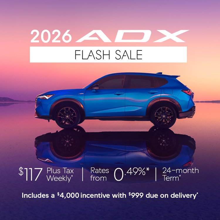 2026 Acura ADX, 3-day flash sale banner. Photo of Blue SUV parked.
