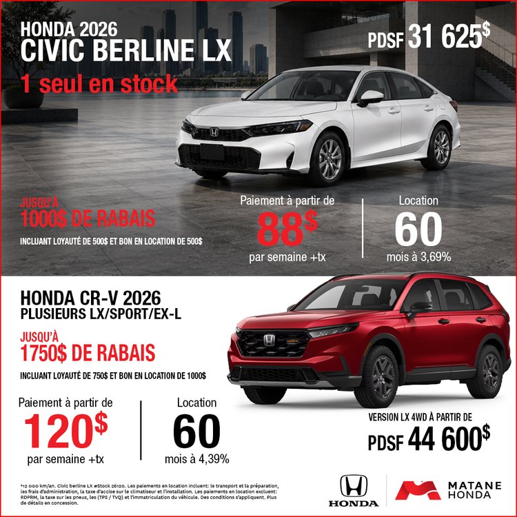 Matane honda promo juin CIVIC CR V 2026 FR