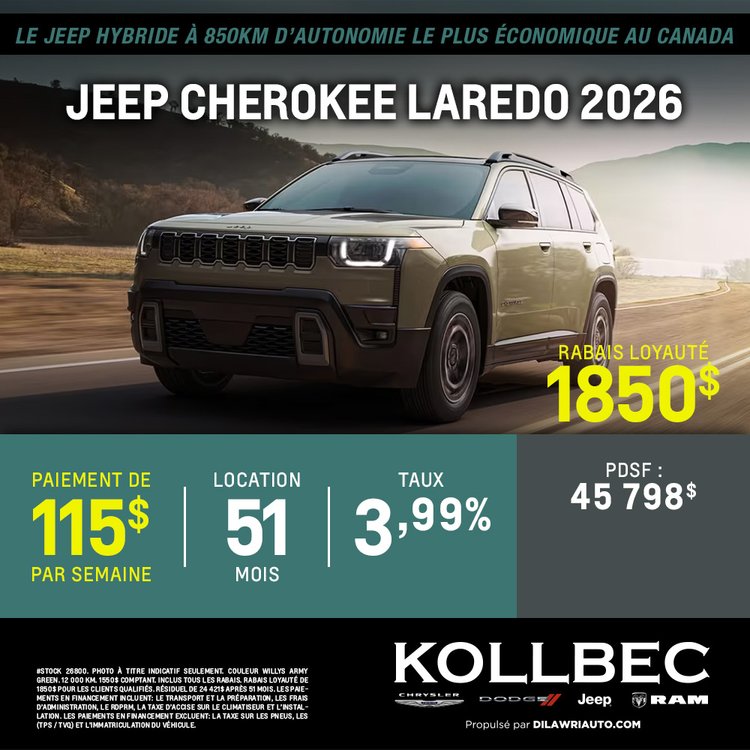 Kollbec promo juillet JEEP CHEROKEE LAREDO 2026 FR