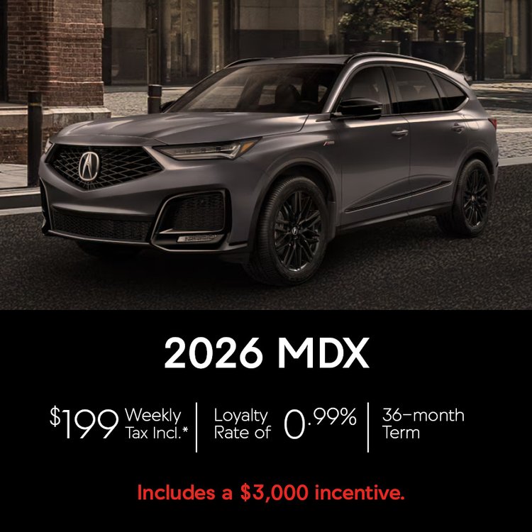 2026 Acura MDX June Offer, photo of dark gray metallic MDX parked.