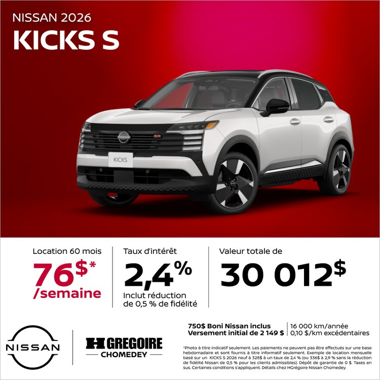 Nissan chomedey promo juillet Kicks S FR