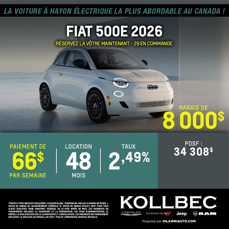 Kollbec promo aout FIAT 500E 2026 FR